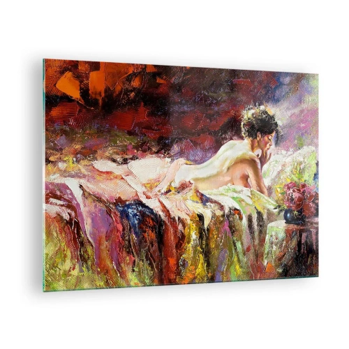 Impression sur verre - Image sur verre - Nu féminin impressionniste sur tissu coloré - 70x50cm - Vénus en pensée - Décoration murale moderne pour le salon et la chambre ARTTOR