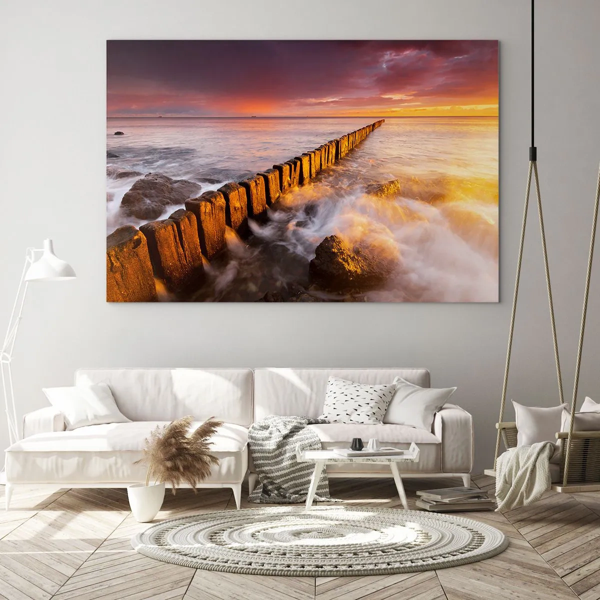 Impression sur verre - Image sur verre - Coucher de soleil sur la mer avec un brise-lames en bois - 120x80cm - La douceur des vagues - Décoration murale moderne pour le salon et la chambre ARTTOR
