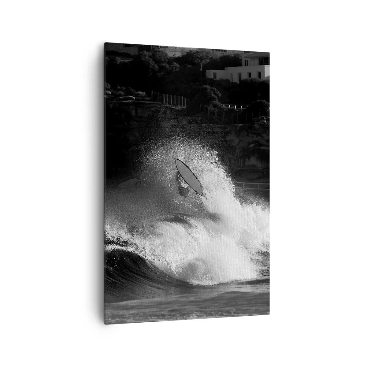 Impression sur toile - Image sur toile - Un surfeur sur une vague en monochrome - 80x120cm - Défi accepté! - Décoration murale moderne pour le salon et la chambre ARTTOR