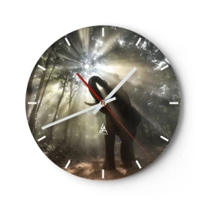 Horloge murale - Pendule murale - Un éléphant dans les rayons de lumière pénétrant la forêt - 30x30cm - Sous la bonne étoile - Décoration murale moderne pour le salon, la cuisine et la chambre ARTTOR