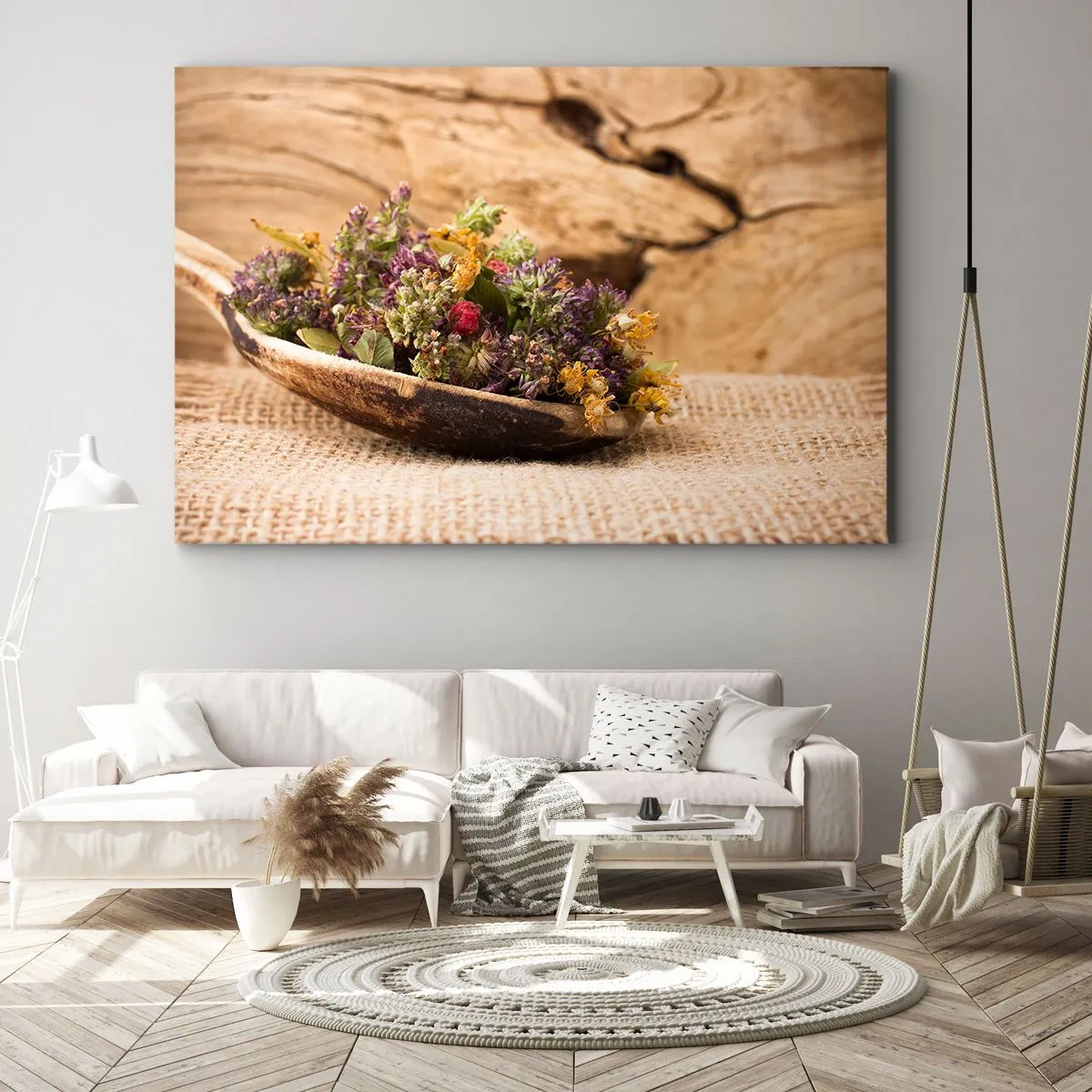 Impression sur toile - Image sur toile - Herbes séchées dans une cuillère en bois sur un fond en bois naturel - 120x80cm - Fleurs colorées et herbes parfumées - Décoration murale moderne pour le salon et la chambre ARTTOR