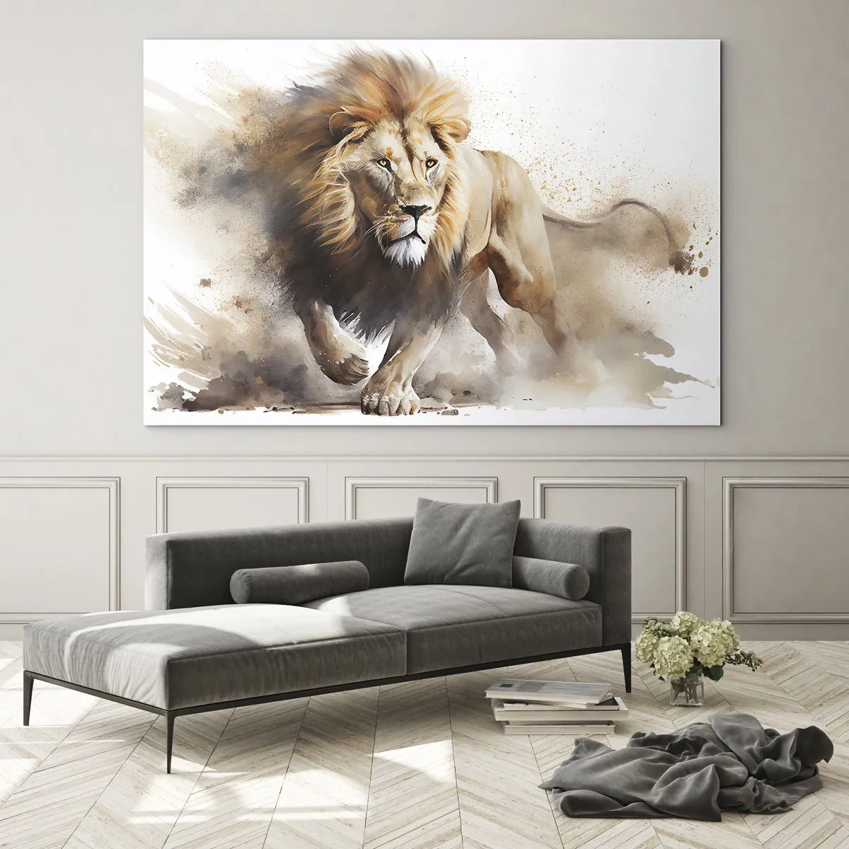 Impression sur verre - Image sur verre - Une photo dynamique de style aquarelle d'un lion en train de courir - 120x80cm - Le roi bougea - Décoration murale moderne pour le salon et la chambre ARTTOR
