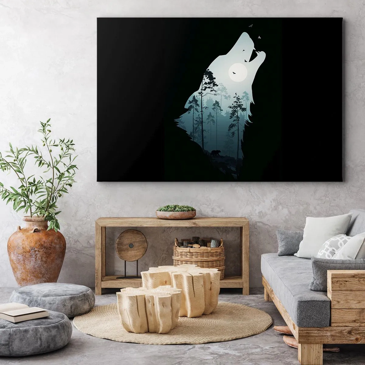 Impression sur toile - Image sur toile - Silhouette d'un loup avec une forêt et la lune en arrière-plan - 100x70cm - La voix de nuit de la forêt - Décoration murale moderne pour le salon et la chambre ARTTOR