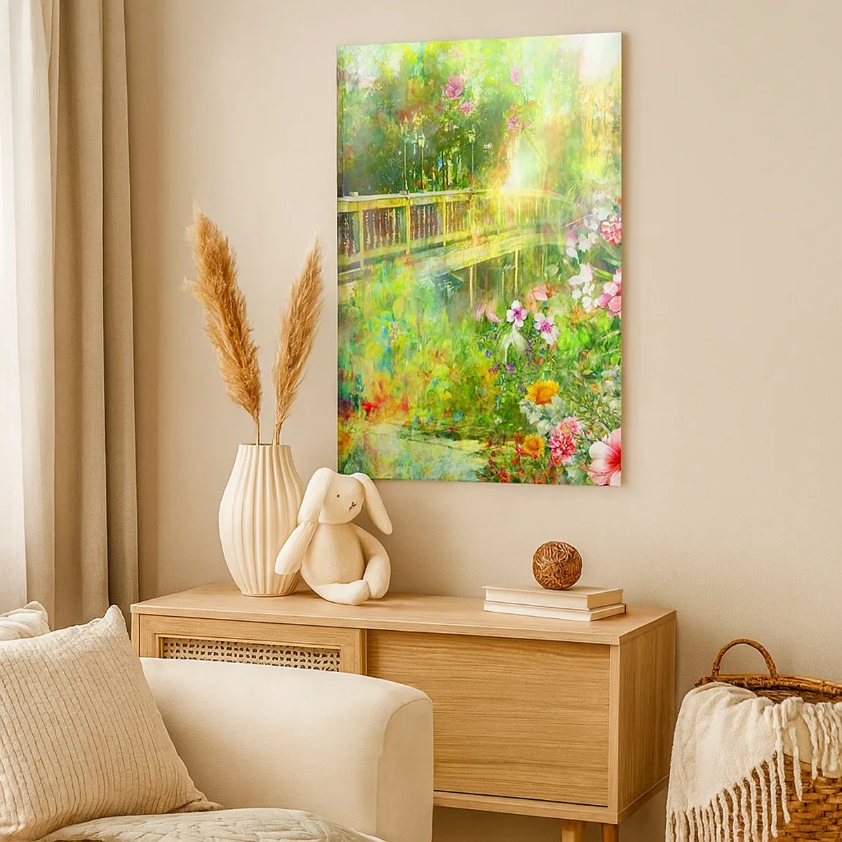 Impression sur toile - Image sur toile - Un pont entouré d'une végétation luxuriante et de fleurs - 50x70cm - Le soupire d'un pont de printemps - Décoration murale moderne pour le salon et la chambre ARTTOR