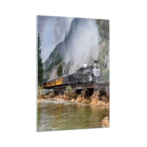 Impression sur verre - Image sur verre - Une locomotive à vapeur sur un pont dans les montagnes - 50x70cm - Et lui jusqu'où? Jusqu'où? - Décoration murale moderne pour le salon et la chambre ARTTOR