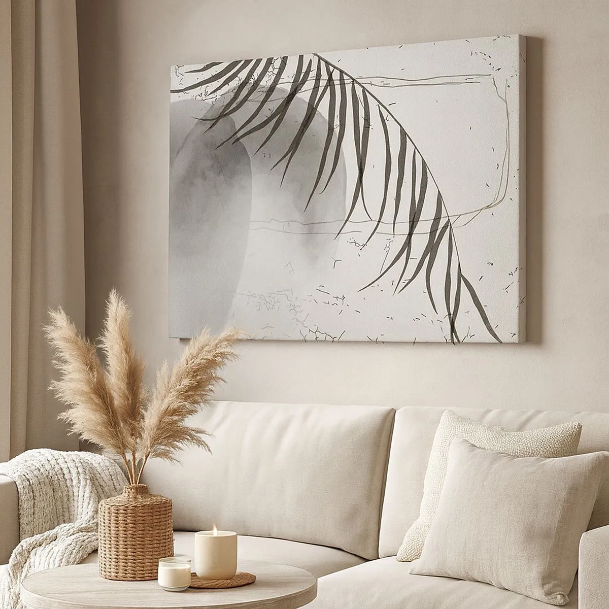 Impression sur toile - Image sur toile - Un délicat motif de feuille de palmier sur un fond clair dans un style scandinave. - 70x50cm - L'exotisme subtil de la nature - Décoration murale moderne pour le salon et la chambre ARTTOR