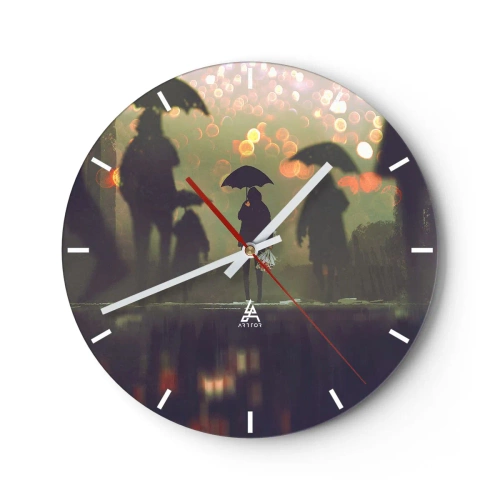 Horloge murale - Pendule murale - Personnages avec parapluies dans une rue pluvieuse sous une lumière diffuse - 30x30cm - Du point de vue d'une goutte de pluie - Décoration murale moderne pour le salon, la cuisine et la chambre ARTTOR