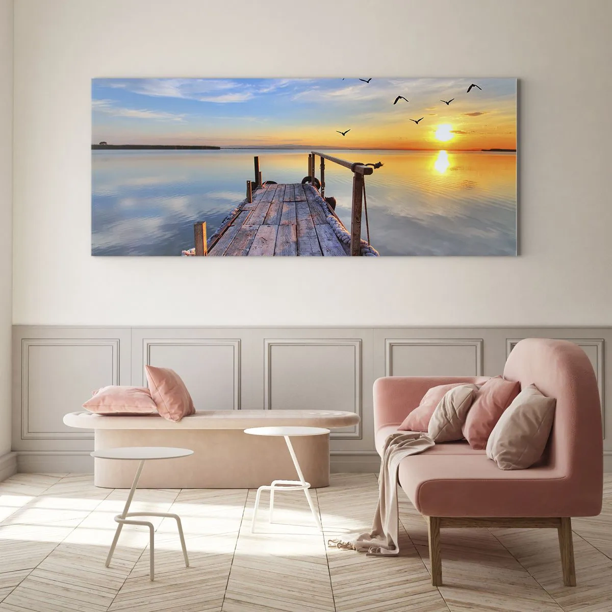 Impression sur verre - Image sur verre - Jetée en bois au coucher du soleil sur un lac calme - 120x50cm - Marcher droit vers le soleil - Décoration murale moderne pour le salon et la chambre ARTTOR