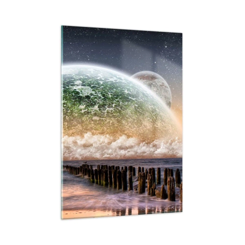 Impression sur verre - Image sur verre - Coucher de soleil sur la planète et l'océan - 50x70cm - Et le monde est sorti de l'eau - Décoration murale moderne pour le salon et la chambre ARTTOR