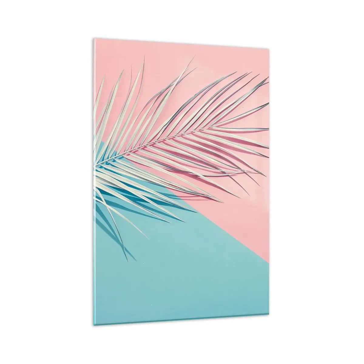 Impression sur verre - Image sur verre - Feuille tropicale sur un fond de tons pastel de rose et de bleu - 80x120cm - Impression tropicale - Décoration murale moderne pour le salon et la chambre ARTTOR