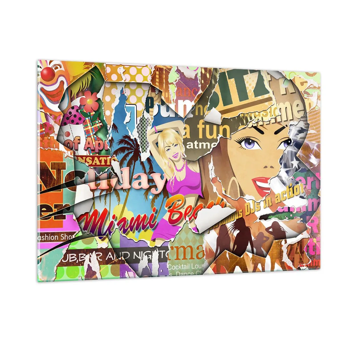 Impression sur verre - Image sur verre - Collage rétro coloré avec des affiches et des graphiques - 120x80cm - Souvenirs de vacances - Décoration murale moderne pour le salon et la chambre ARTTOR