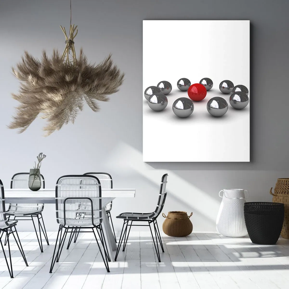 Impression sur toile - Image sur toile - Une boule rouge entourée de boules argentées sur fond blanc - 70x100cm - Un cercle en argent et rouge - Décoration murale moderne pour le salon et la chambre ARTTOR
