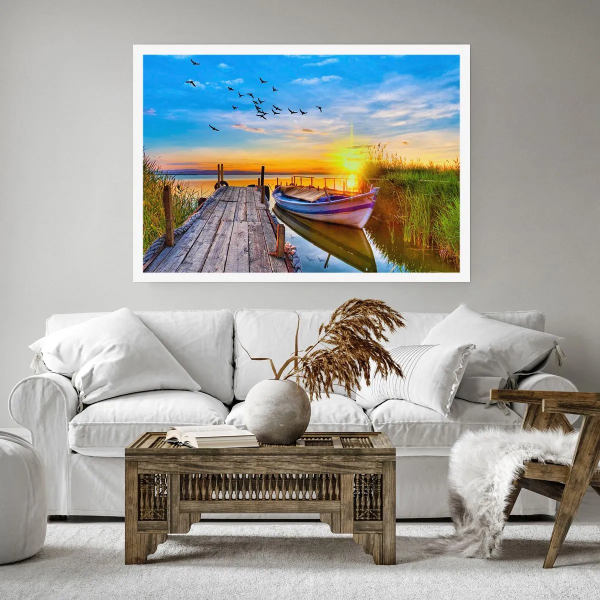 Affiche - Poster - Un bateau sur une jetée en bois au coucher du soleil - 100x70cm - Au revoir, à demain - Décoration murale moderne pour le salon et la chambre ARTTOR