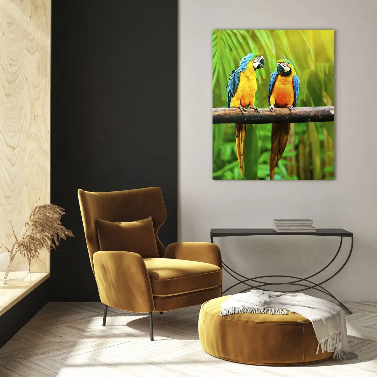Impression sur verre - Image sur verre - Trois perroquets colorés sur fond de verdure tropicale - 70x100cm - Et avez-vous entendu qu'elle ...? - Décoration murale moderne pour le salon et la chambre ARTTOR