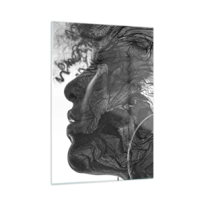 Impression sur verre - Image sur verre - Silhouette noire et blanche d'une femme avec des lignes abstraites - 50x70cm - Emmêlé dans les rêves - Décoration murale moderne pour le salon et la chambre ARTTOR