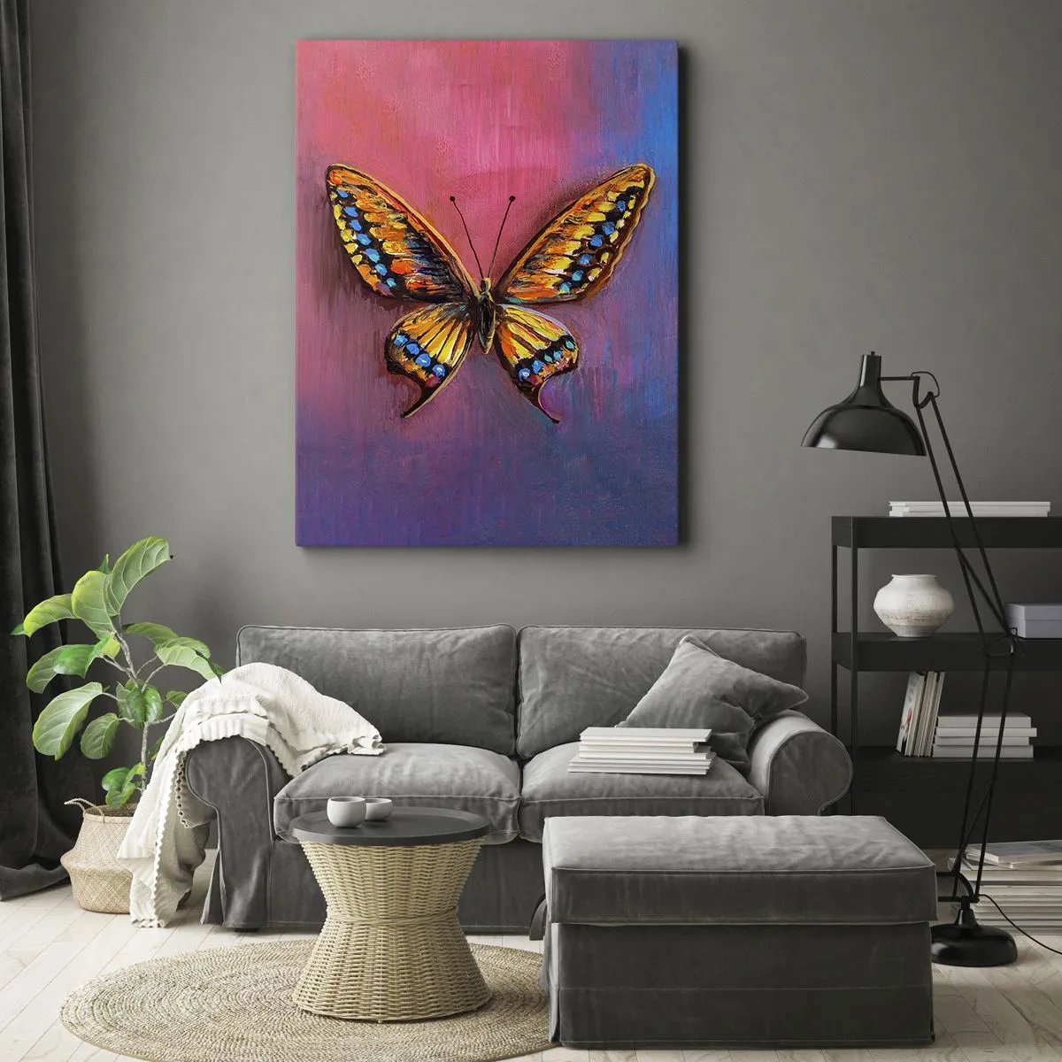 Impression sur toile - Image sur toile - Papillon coloré sur un fond abstrait - 70x100cm - Un joyau de la nature - Décoration murale moderne pour le salon et la chambre ARTTOR