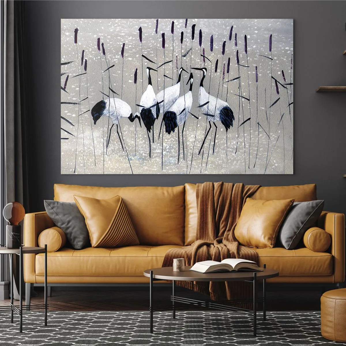 Impression sur verre - Image sur verre - Quatre grues parmi les roseaux au bord du lac - 100x70cm - Parmi les siens - Décoration murale moderne pour le salon et la chambre ARTTOR