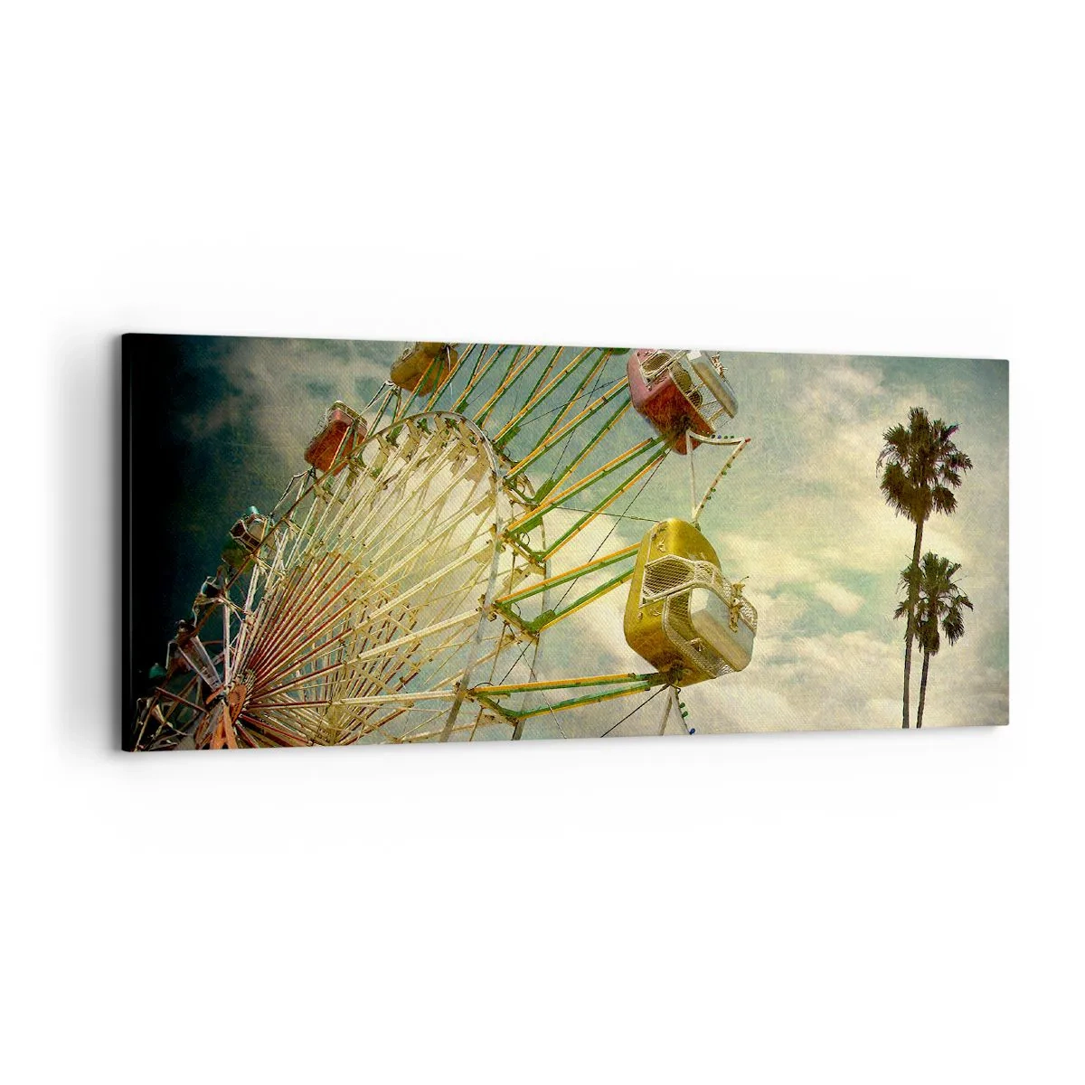 Impression sur toile - Image sur toile - Photo rétro d'une grande roue avec des palmiers contre le ciel - 120x50cm - On va faire la fête - Décoration murale moderne pour le salon et la chambre ARTTOR