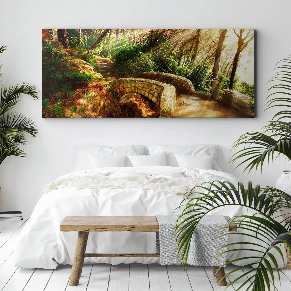 Impression sur toile - Image sur toile - Paysage forestier avec des rayons de soleil et un pont de pierre - 160x50cm - Directement du pont dans une forêt de conte de fées - Décoration murale moderne pour le salon et la chambre ARTTOR