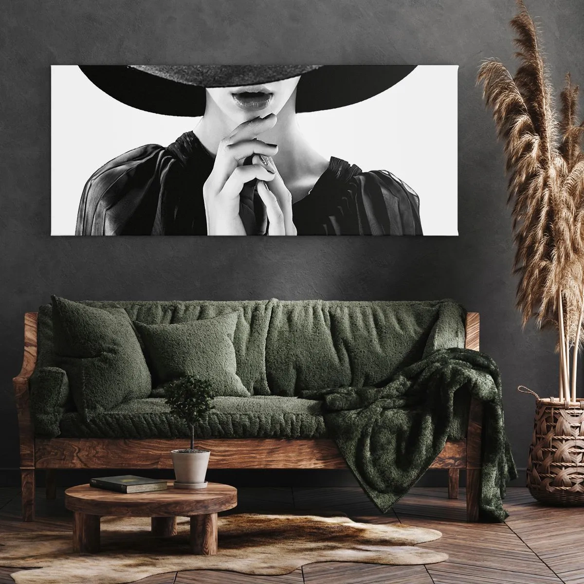 Impression sur toile - Image sur toile - Femme élégante portant un grand chapeau dans des tons de noir et blanc - 120x50cm - Beauté cachée - Décoration murale moderne pour le salon et la chambre ARTTOR