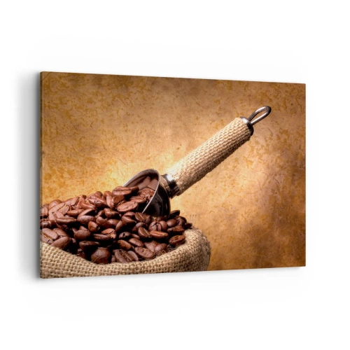 Impression sur toile - Image sur toile - Grains de café dans un sac en jute avec une cuillère en métal - 100x70cm - A la source de la saveur - Décoration murale moderne pour le salon et la chambre ARTTOR