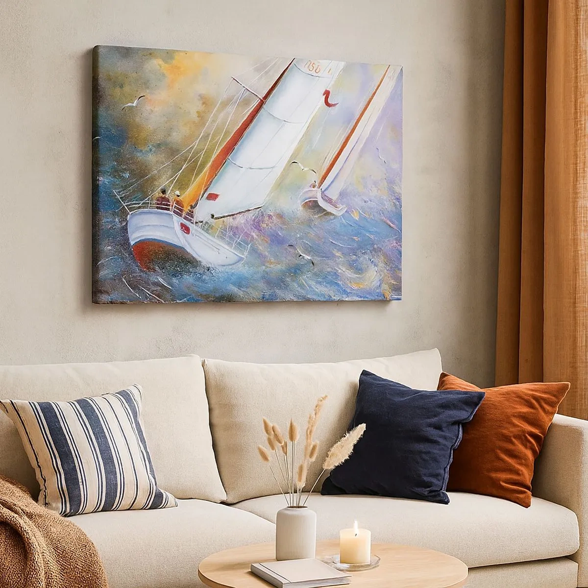 Impression sur toile - Image sur toile - Voiliers sur des vagues agitées dans une composition dynamique - 70x50cm - Concourir sur les vagues - Décoration murale moderne pour le salon et la chambre ARTTOR
