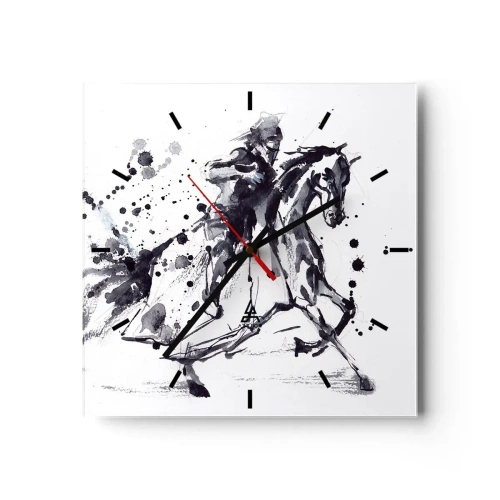 Horloge murale - Pendule murale - Aquarelle noir et blanc d'un cavalier sur un cheval au galop - 30x30cm - Chevalier noir - Décoration murale moderne pour le salon et la chambre ARTTOR