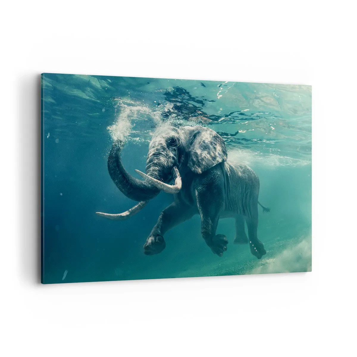 Impression sur toile - Image sur toile - Un éléphant nageant sous l'eau dans les profondeurs turquoise - 120x80cm - Tout le monde aime nager - Décoration murale moderne pour le salon et la chambre ARTTOR