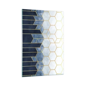 Impression sur verre - Image sur verre - Motif géométrique dans les tons or et bleu marine - 80x120cm - Composition en rythme syncopé - Décoration murale moderne pour le salon et la chambre ARTTOR