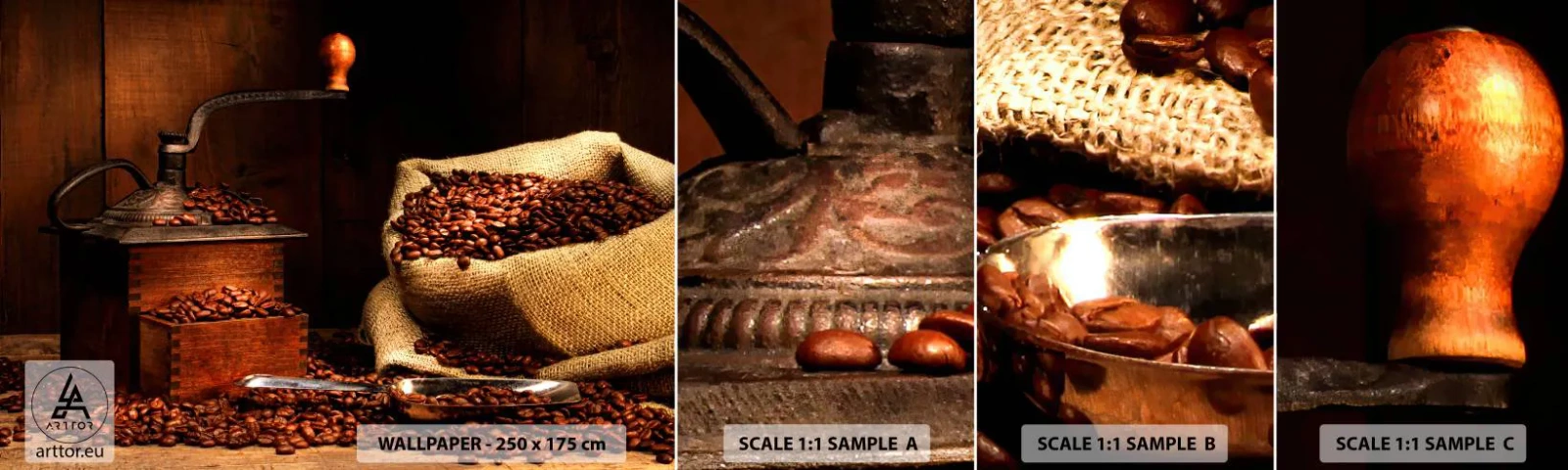 Échantillon De Papier Peint Standard Eco - Nature morte avec grains de café et moulin - La gastronomie, Café, Moulin à café - 100x30 cm
