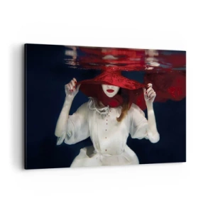 Impression sur toile - Image sur toile - Une femme avec un chapeau rouge immergée dans l'eau - 120x80cm - Femme mystérieuse - Décoration murale moderne pour le salon et la chambre ARTTOR