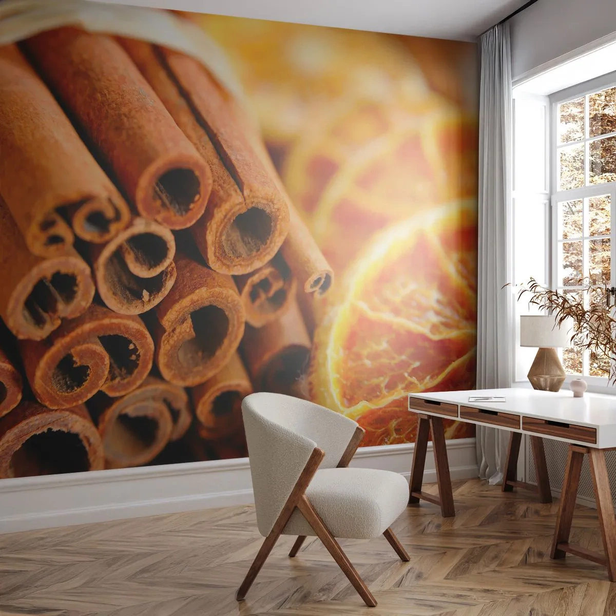 Papier Peint Photo Premium Sand - Sentez-vous leurs odeurs? - Orange, Le bâton de cannelle, Épices - 300x210 cm