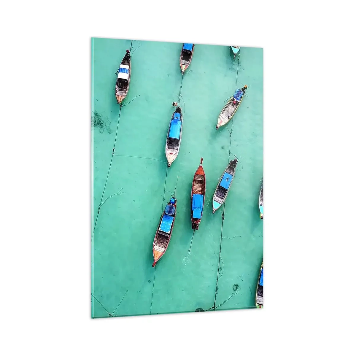 Impression sur verre - Image sur verre - Vue aérienne de bateaux sur une eau turquoise - 80x120cm - Dans une attente jouyeuse - Décoration murale moderne pour le salon et la chambre ARTTOR