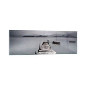 Impression sur verre - Image sur verre - Un pont en bois menant à la surface calme du lac - 160x50cm - Tu peux partir demain - Décoration murale moderne pour le salon et la chambre ARTTOR