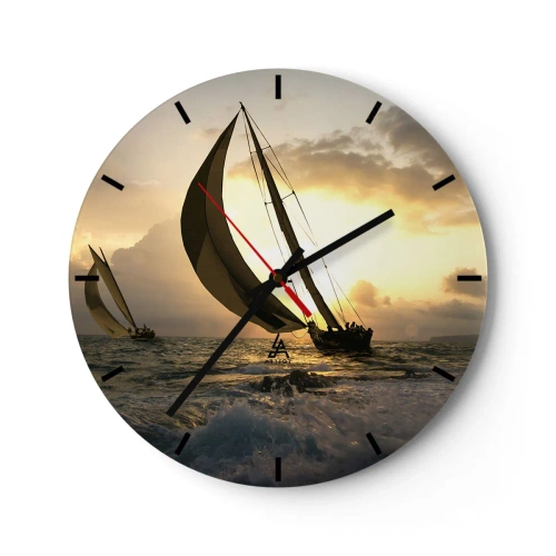 Horloge murale - Pendule murale - Voiliers en pleine mer au coucher du soleil - 30x30cm - Avec le vent et contre le vent - Décoration murale moderne pour le salon, la cuisine et la chambre ARTTOR