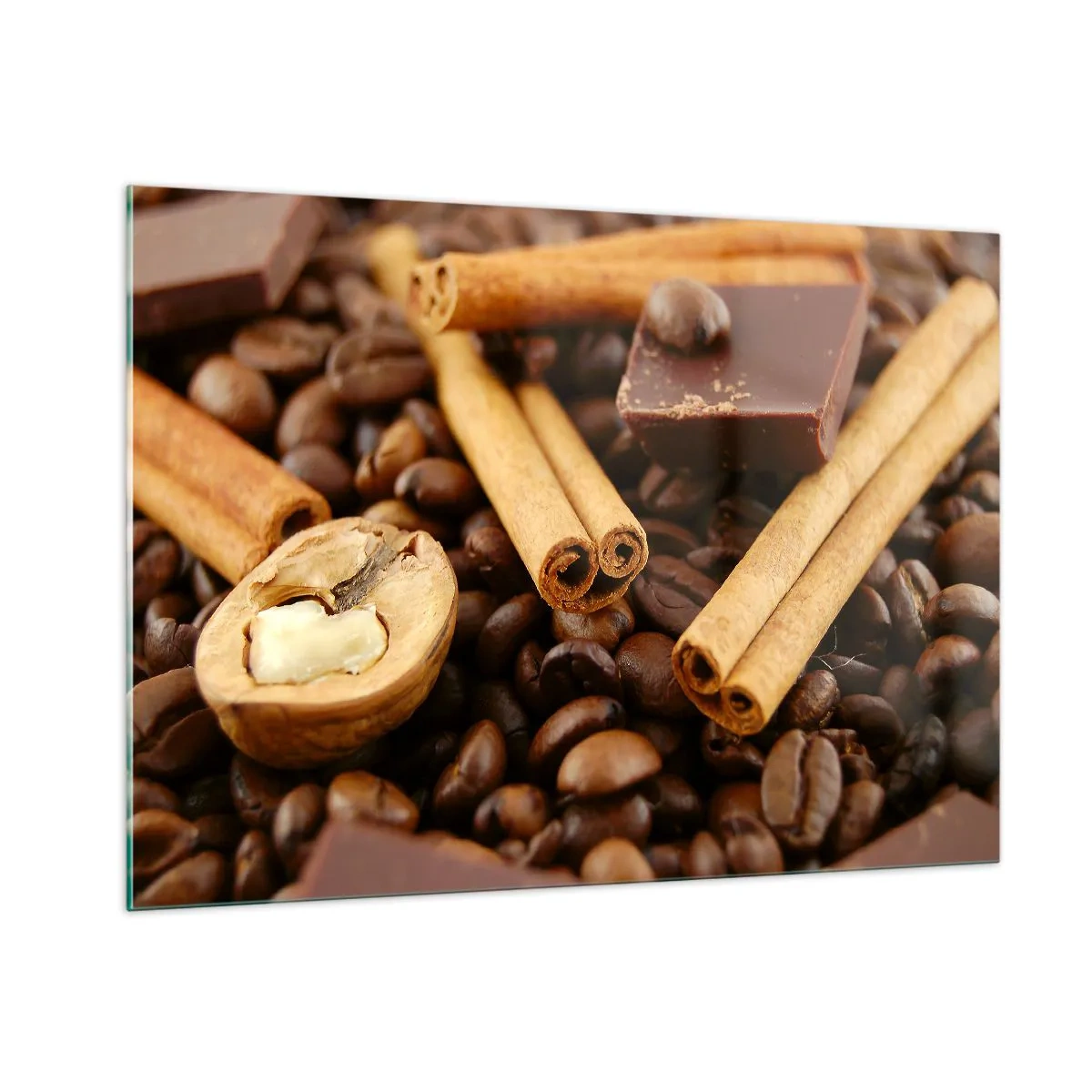 Impression sur verre - Image sur verre - Gros plan sur le café, la cannelle, le chocolat et les noix - 100x70cm - Concert d'aromates - Décoration murale moderne pour le salon et la chambre ARTTOR