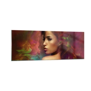 Impression sur verre - Image sur verre - Une femme aux reflets colorés créant un arrière-plan abstrait - 140x50cm - Plus beau qu'un arc-en-ciel, aussi délicat qu'un brouillard - Décoration murale moderne pour le salon et la chambre ARTTOR