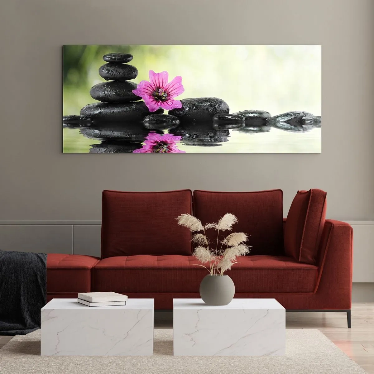 Impression sur verre - Image sur verre - Des pierres zen et une fleur rose se reflétant dans l'eau - 160x50cm - Temps pour l'âme - Décoration murale moderne pour le salon et la chambre ARTTOR