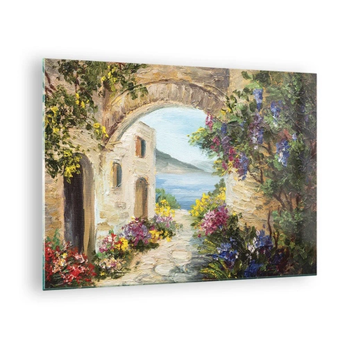 Impression sur verre - Image sur verre - Une rue pittoresque avec vue sur le lac - 70x50cm - Le charme d'une province côtière - Décoration murale moderne pour le salon et la chambre ARTTOR