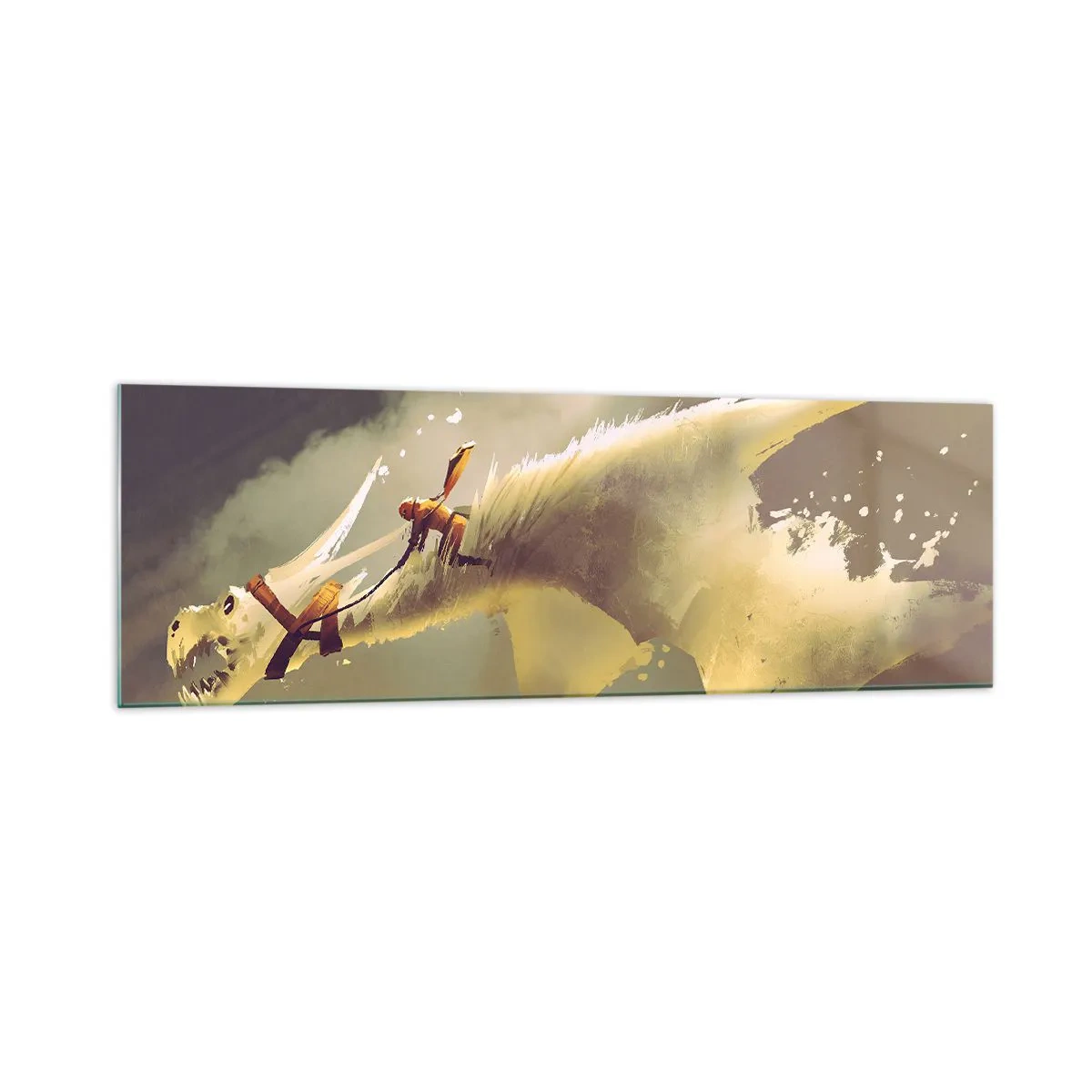 Impression sur verre - Image sur verre - Illustration d'un cavalier de dragon dans un paysage nuageux fantastique - 160x50cm - Le monde à la rescousse - Décoration murale moderne pour le salon et la chambre ARTTOR