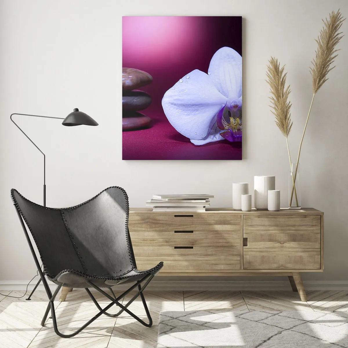 Impression sur verre - Image sur verre - Orchidée blanche et pierres sur fond rose - 80x120cm - Une étude de fraîcheur en violet - Décoration murale moderne pour le salon et la chambre ARTTOR