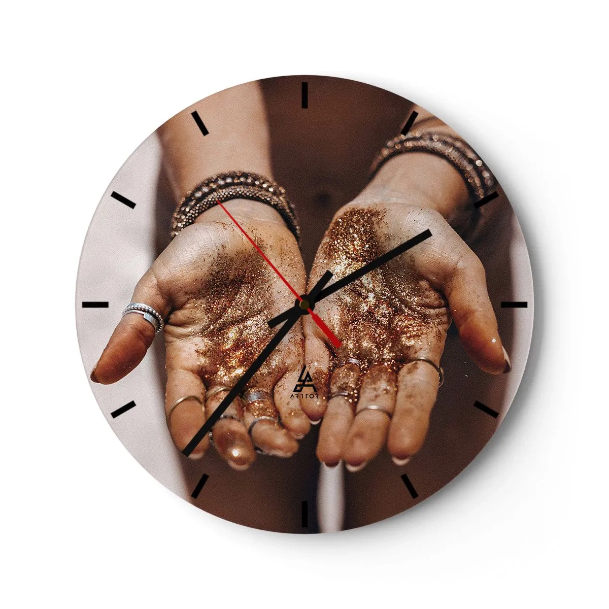 Horloge murale - Pendule murale - Les mains d'une femme couvertes de paillettes dorées - 30x30cm - Un don pour vous - Décoration murale moderne pour le salon, la cuisine et la chambre ARTTOR