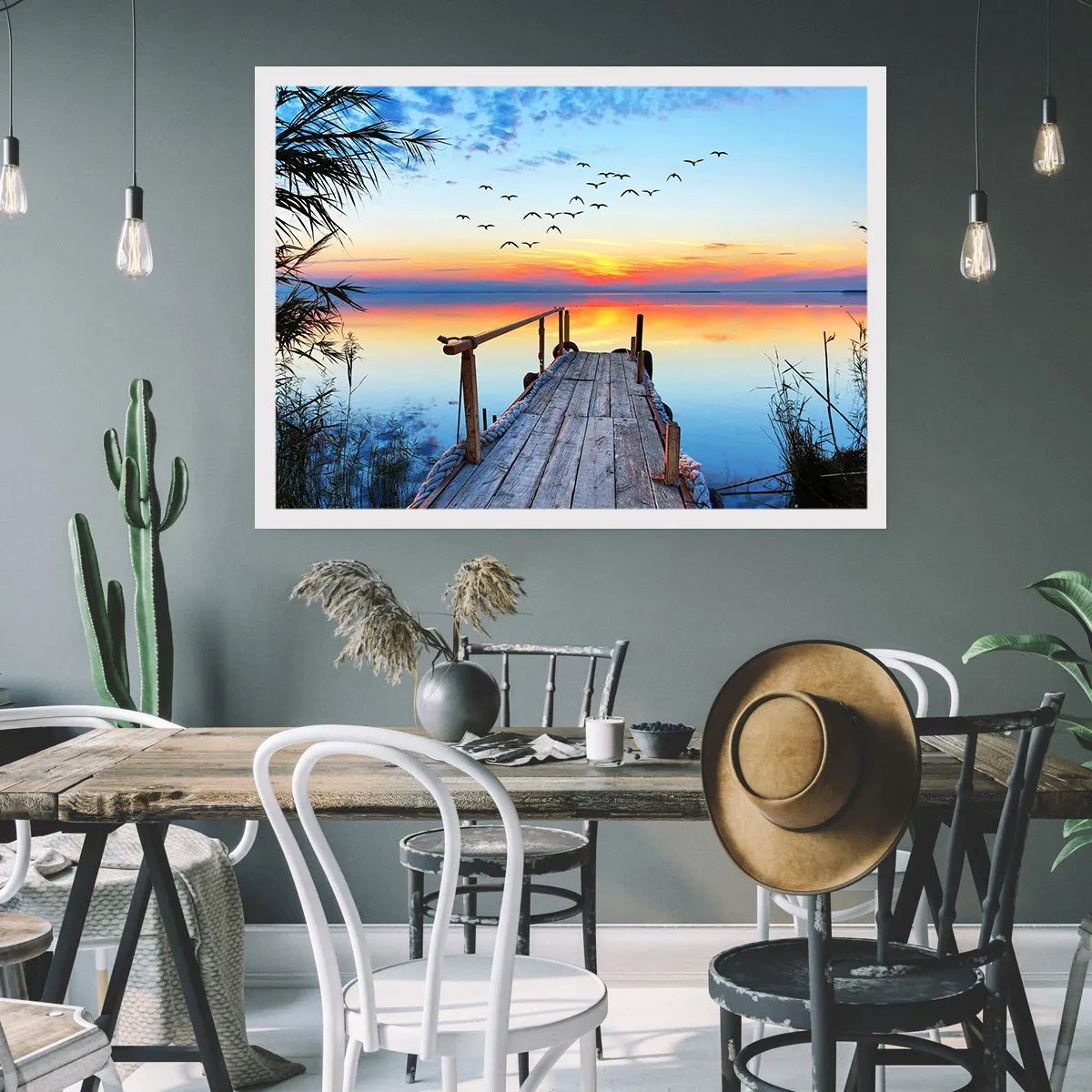 Affiche - Poster - Jetée en bois sur le lac au coucher du soleil - 100x70cm - Il est temps de rentrer... - Décoration murale moderne pour le salon et la chambre ARTTOR