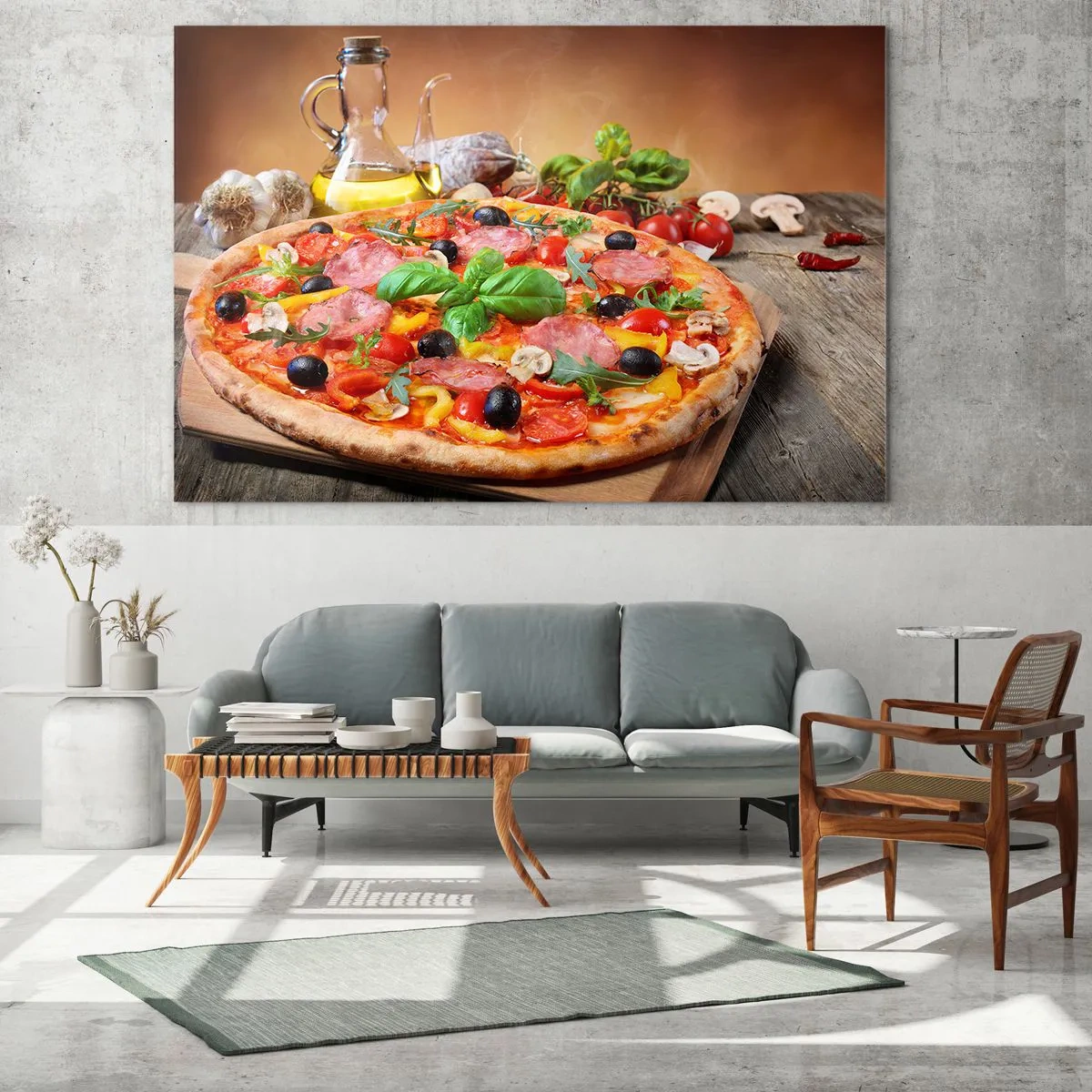 Impression sur verre - Image sur verre - Pizza avec garnitures sur une table en bois avec de l'huile d'olive et des épices - 70x50cm - Avec une vraie saveur italienne - Décoration murale moderne pour le salon et la chambre ARTTOR