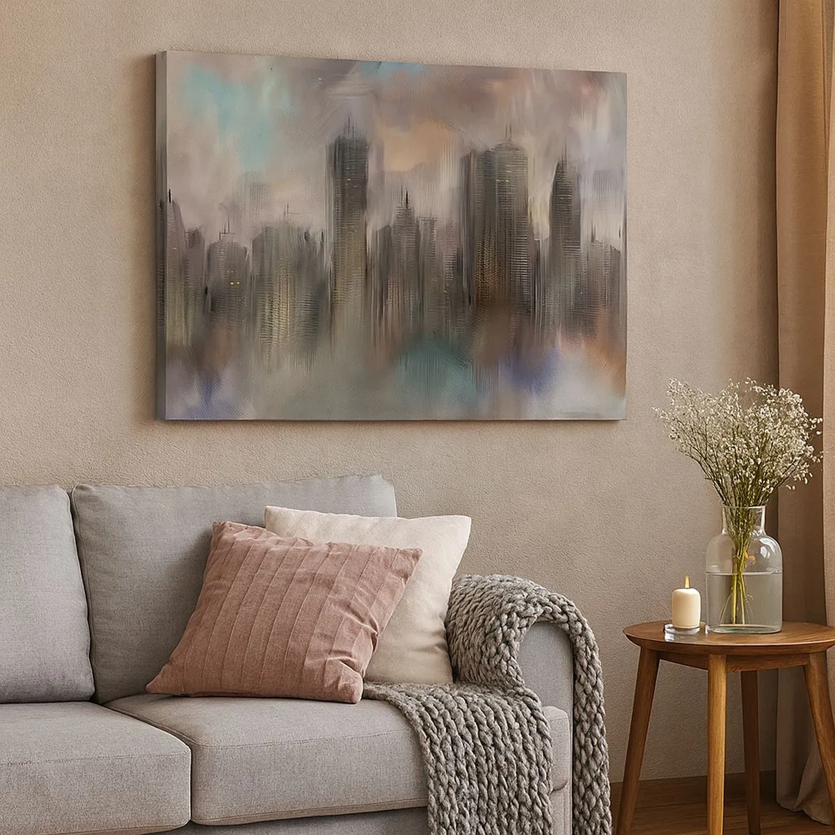 Impression sur toile - Image sur toile - Une vision artistique d'un paysage urbain avec des gratte-ciels aux couleurs pastel. - 70x50cm - Une composition d'acier, de pierre et de brouillard - Décoration murale moderne pour le salon et la chambre ARTTOR