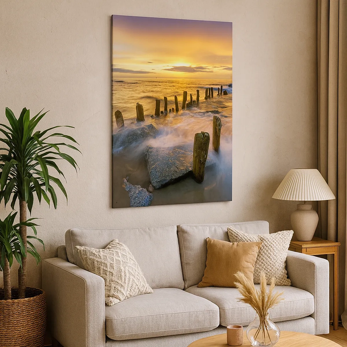 Impression sur toile - Image sur toile - Coucher de soleil sur la mer avec les vestiges d'une ancienne jetée - 50x70cm - La beauté brute de la mer Baltique - Décoration murale moderne pour le salon et la chambre ARTTOR