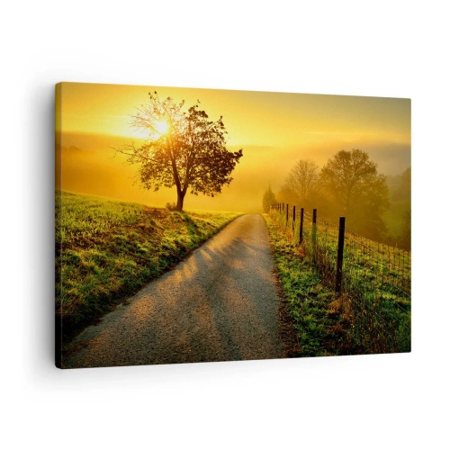 Impression sur toile - Image sur toile - Une route pittoresque au coucher du soleil avec un arbre solitaire en arrière-plan - 70x50cm - Après-midi de miel - Décoration murale moderne pour le salon et la chambre ARTTOR
