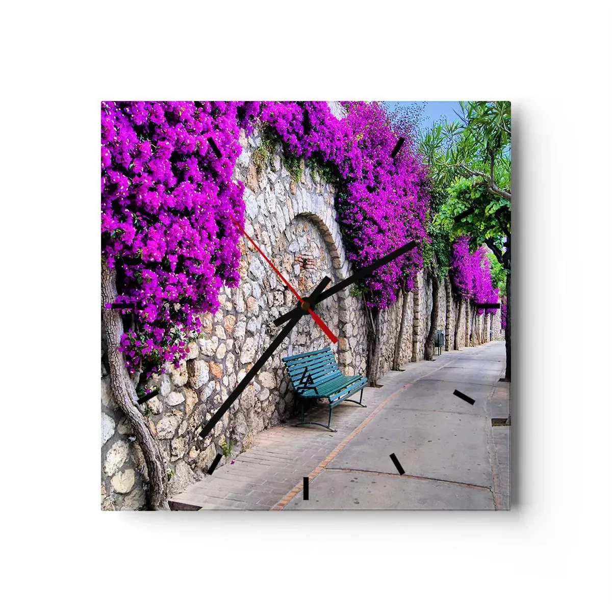 Horloge murale - Pendule murale - Un chemin de pierre avec un banc et des fleurs violettes en fleurs - 30x30cm - Rencontrons-nous au plus vite - Décoration murale moderne pour le salon et la chambre ARTTOR