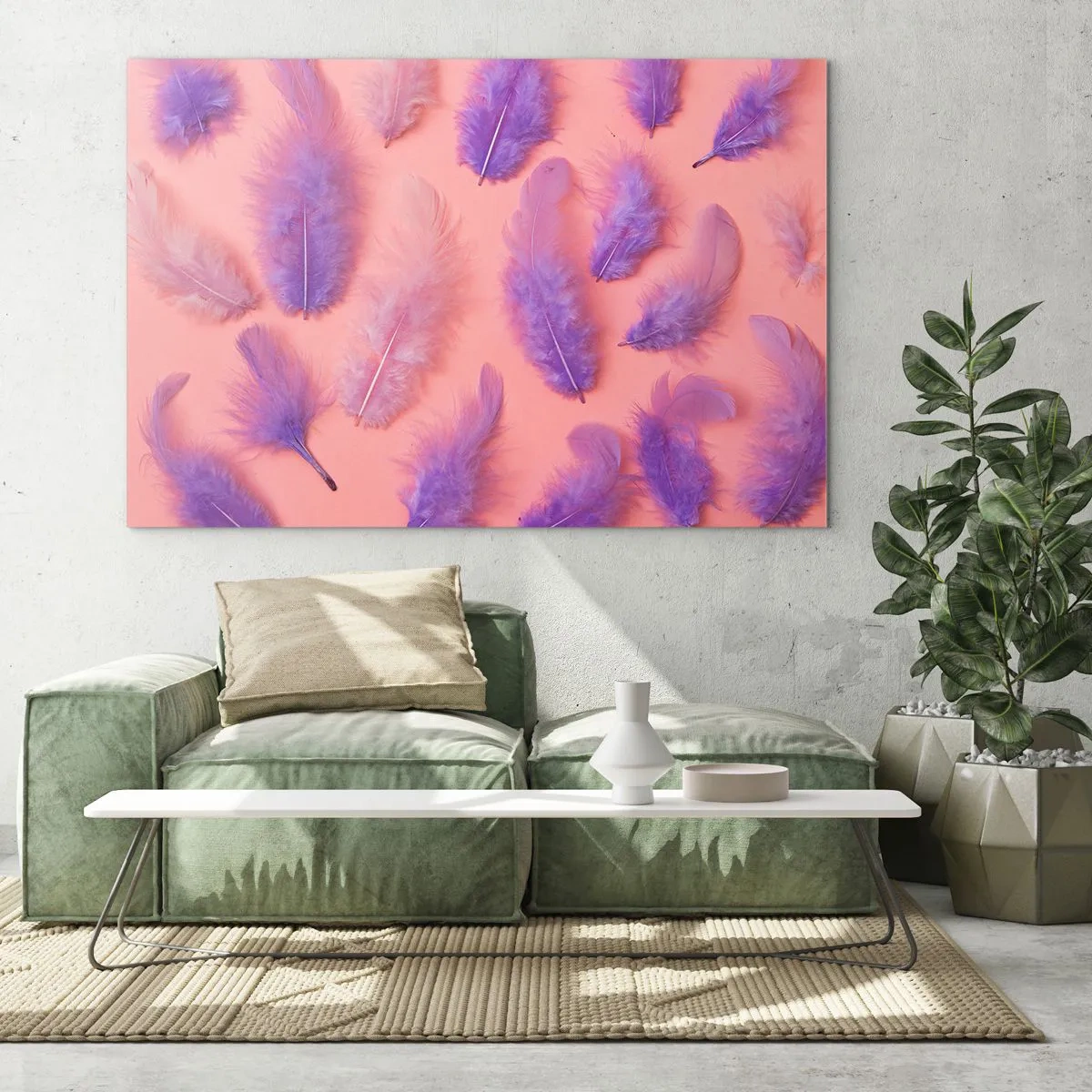 Impression sur verre - Image sur verre - Plumes violettes sur fond rose dans une composition délicate - 70x50cm - Oiseau de désir lilas - Décoration murale moderne pour le salon et la chambre ARTTOR