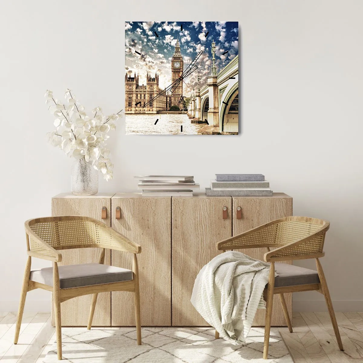 Horloge murale - Pendule murale - Big Ben et le pont de Westminster illuminés par le soleil à Londres - 30x30cm - Nuages